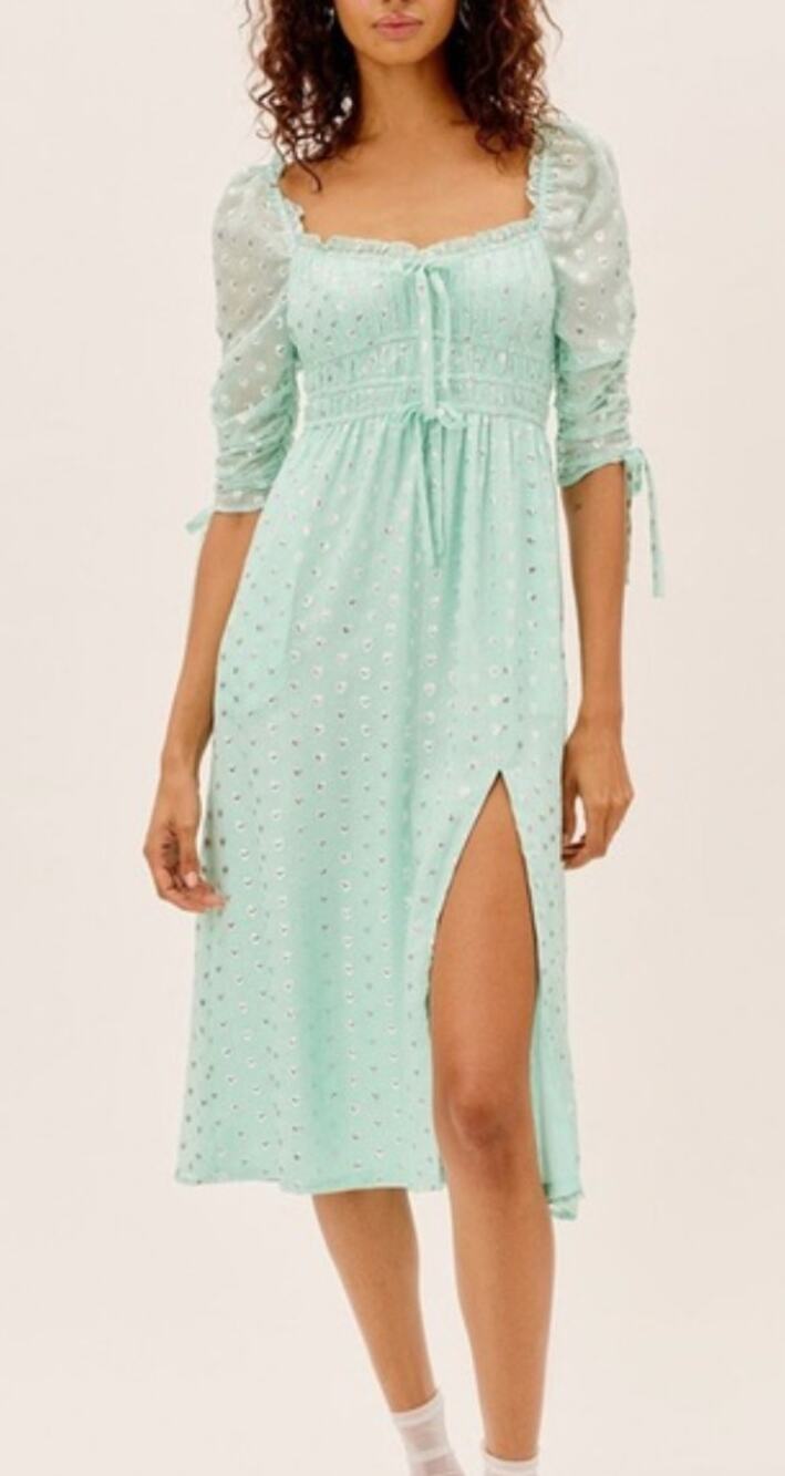 For Love & Lemons Eden Silk Blend Metallic Hearts  Mint Midi Dress Womens XS NWT